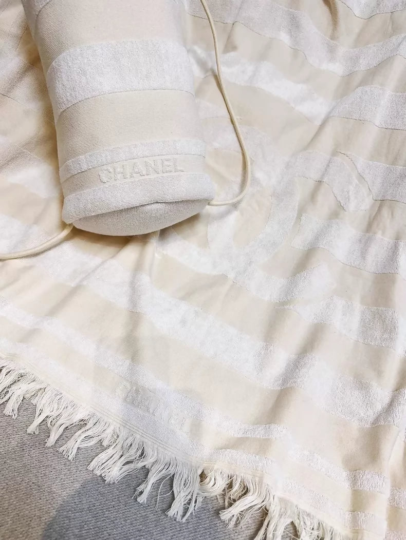 Chanel off-white striped fringed towel and beach bag set