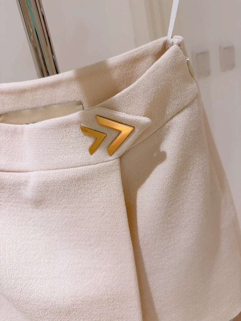 Valentino 26SS Cream White Wool Crepe Skirt with Double V Metallic Logo Wrap Skirt