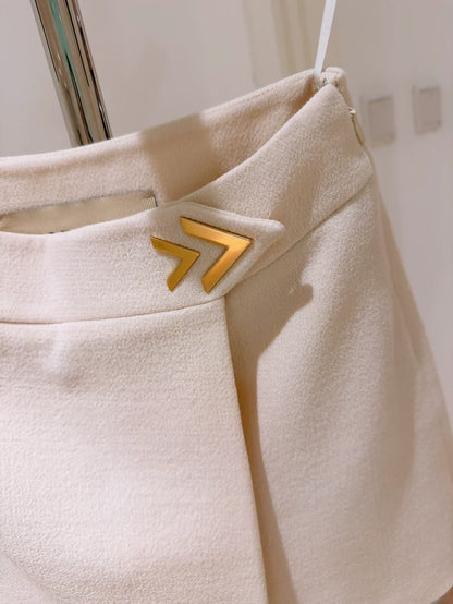 Valentino 26SS Cream White Wool Crepe Skirt with Double V Metallic Logo Wrap Skirt