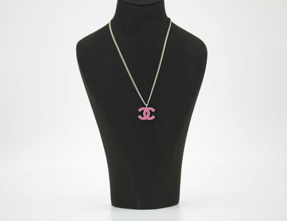 Chanel Vintage 04P Enamel Peach Pink CC Silver Chain Necklace