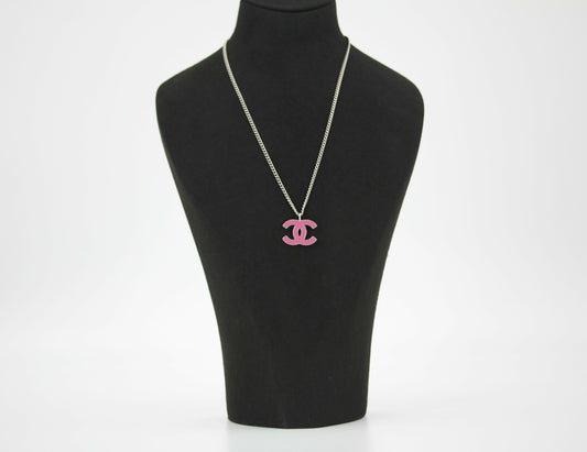 Chanel Vintage 04P Enamel Peach Pink CC Silver Chain Necklace