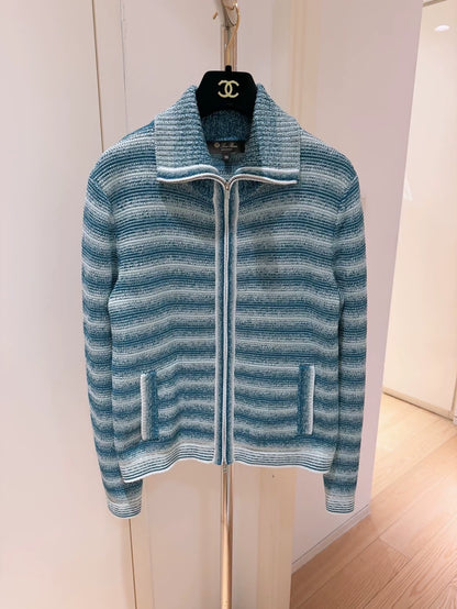 Loro Piana Blue and White Gradient Striped Knit Cardigan