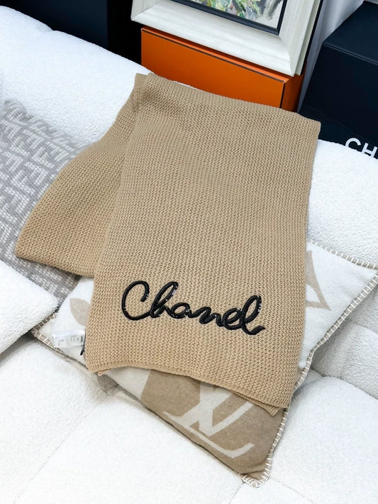 Chanel khaki cashmere scarf with black letter logo