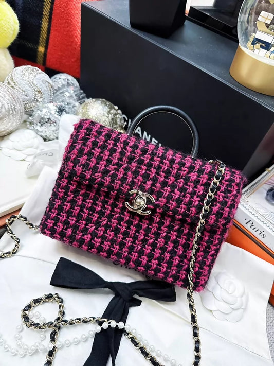 Chanel 23K pink and black checkered tweed box bag