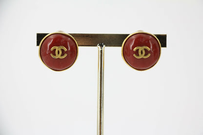 Chanel Vintage 98P Imitation Beeswax Red & Gold-Tone CC Clip-On Earrings