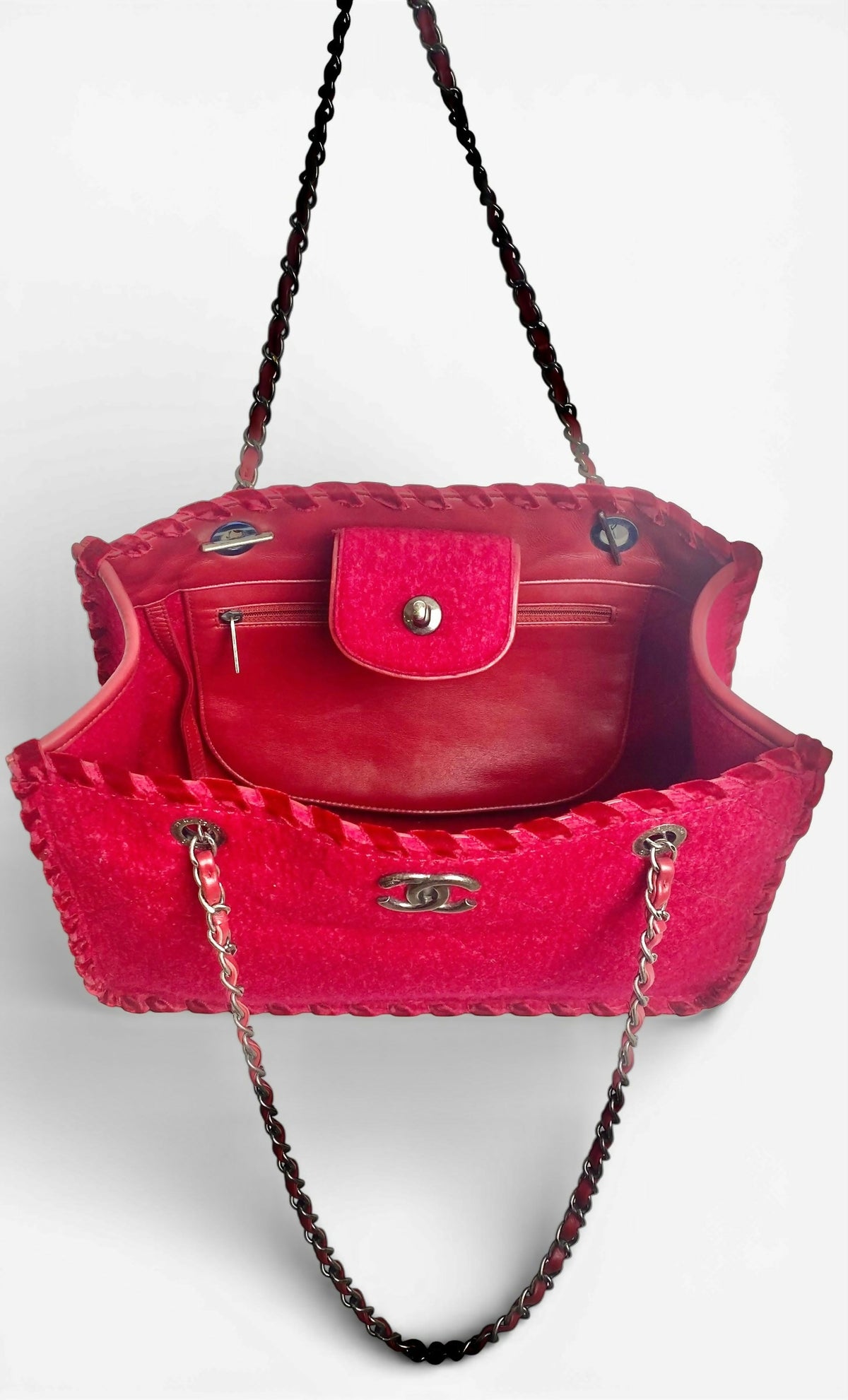 Chanel 13A Edinburgh Raspberry Red Medium Wool Quilted Shopping Tote Bag