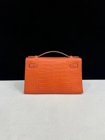 Hermes Kelly pochette Indian red matte alligator leather with palladium hardware