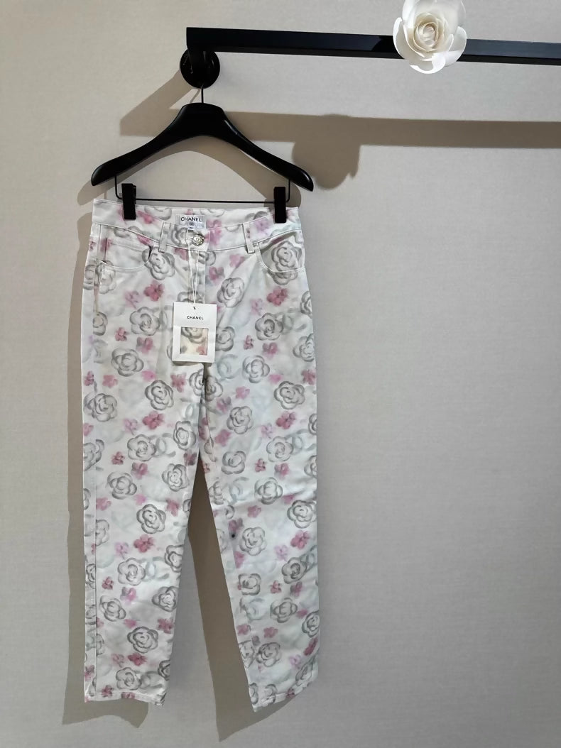 Chanel 24N pink and white camellia jeans