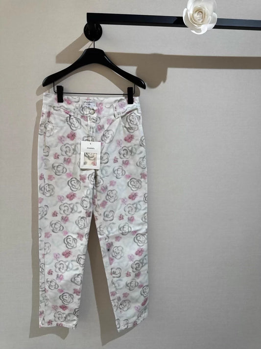 Chanel 24N pink and white camellia jeans