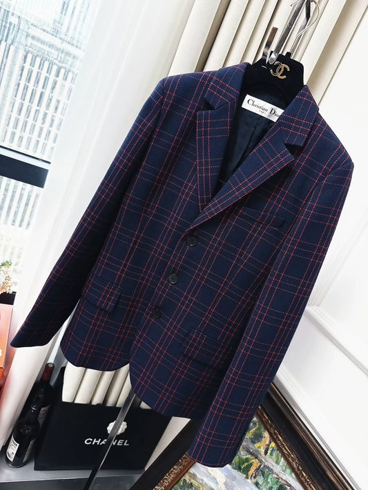 Vintage DIOR dark blue and red checked wool suit jacket