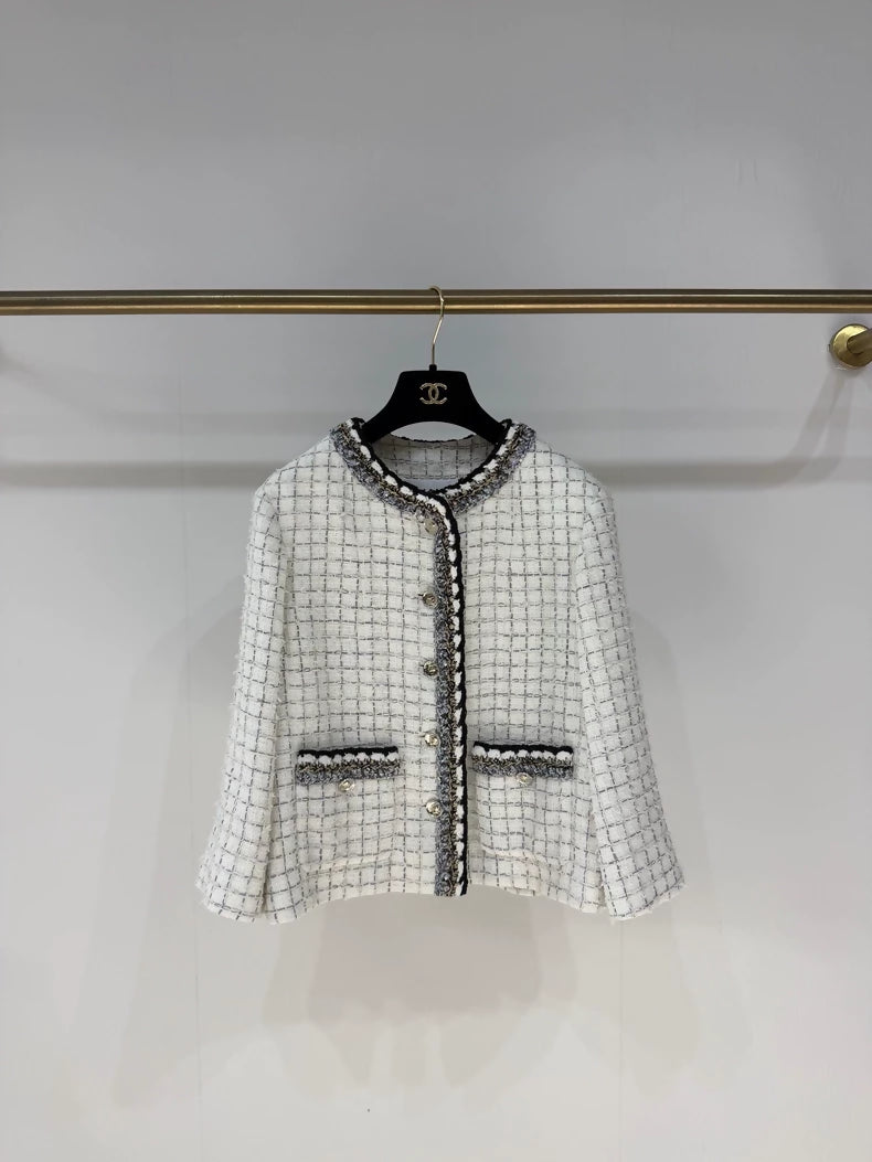 Chanel 25S Black and White Check Trim Tweed Coat