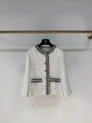 Chanel 25S Black and White Check Trim Tweed Coat