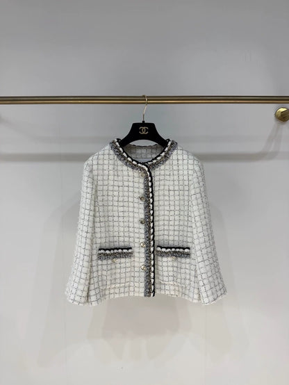 Chanel 25S Black and White Check Trim Tweed Coat