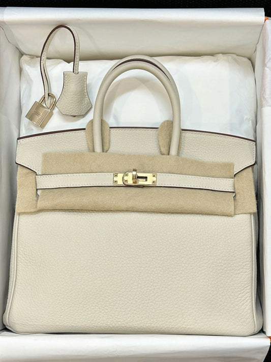 Hermès Birkin 25 Special Order (HSS) Nata / Cream White with Gold Brown Interior Togo Leather, Permabrass (Light Gold) Hardware Y Stamp