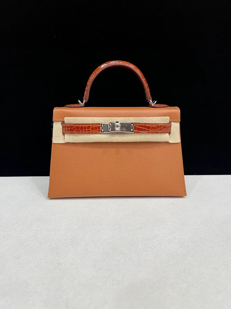 HERMÈS KELLY SELLIER MINI TOUCH GOLD/MIEL MADAM LEATHER/SHINY ALLIGATOR PALLADIUM HARDWARE