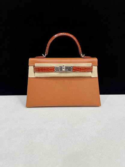 HERMÈS KELLY SELLIER MINI TOUCH GOLD/MIEL MADAM LEATHER/SHINY ALLIGATOR PALLADIUM HARDWARE