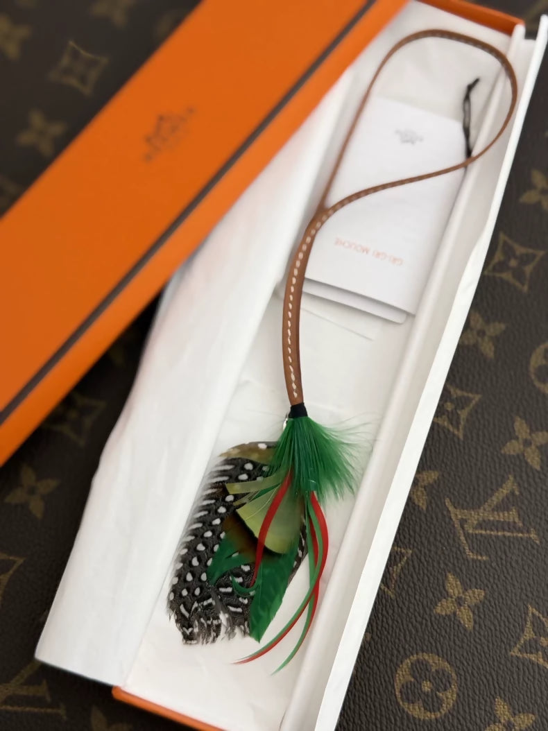Hermes Grigri Mouche Fly Feather Bag Charm Green / Gray / Red
