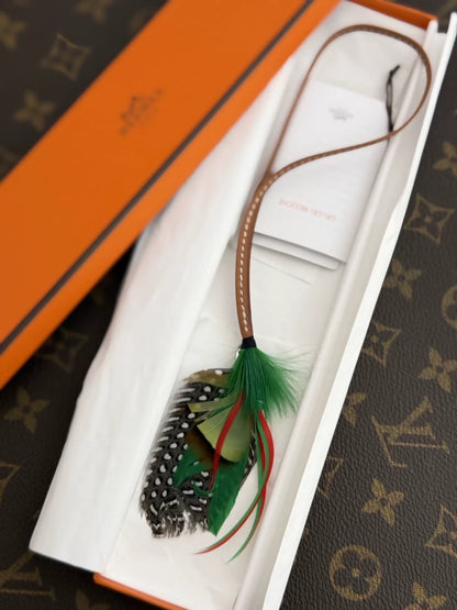 Hermes Grigri Mouche Fly Feather Bag Charm Green / Gray / Red