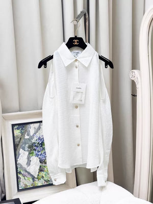 Chanel 26C  White Silk Jacquard Off-Shoulder Blouse