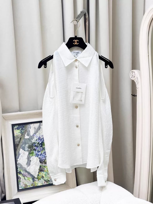 Chanel 26C  White Silk Jacquard Off-Shoulder Blouse