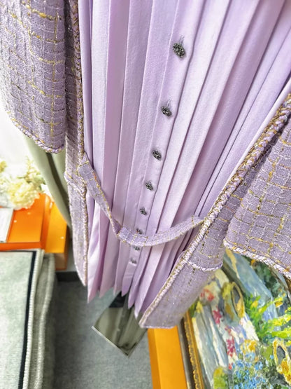 Chanel 15b Pinkish-purple tweed pleated silk dress with bow detail