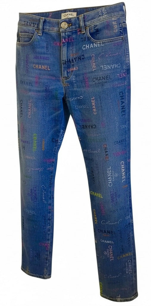 CHANEL 22P Blue & Multicolor Logo Printed Denim Jeans FR 40