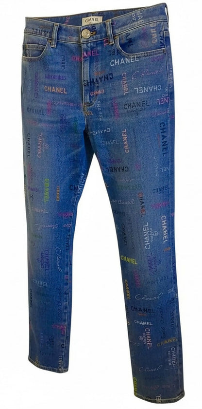 CHANEL 22P Blue & Multicolor Logo Printed Denim Jeans FR 40