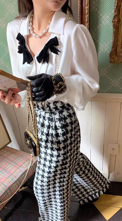 Chanel 19k classic tweed houndstooth wide-leg pants