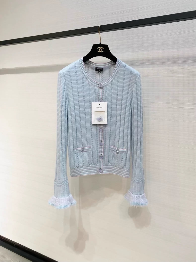 Chanel 25B Blue Feather Cuff Cashmere Knit Cardigan