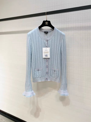 Chanel 25B Blue Feather Cuff Cashmere Knit Cardigan