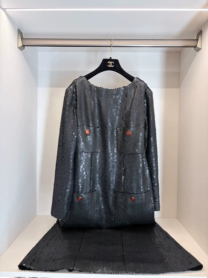 Chanel 23C Black Matte Sequin Evening Gown