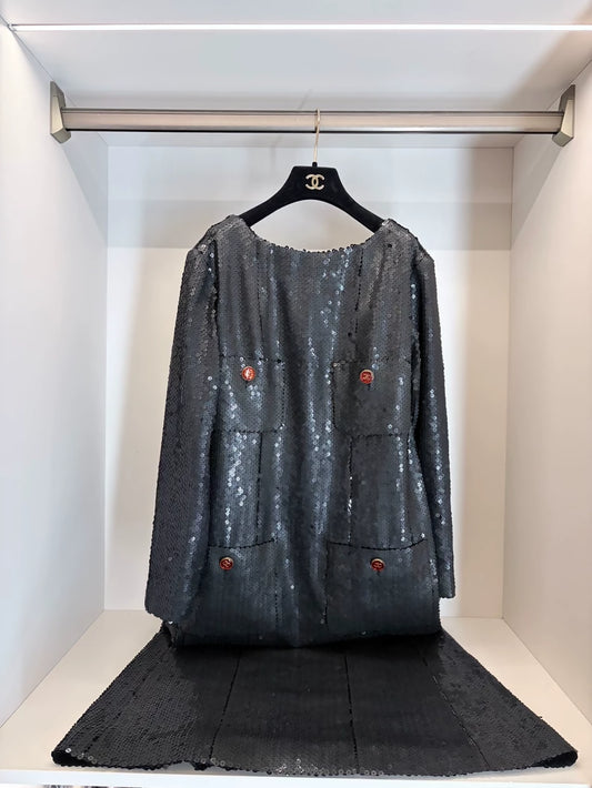 Chanel 23C Black Matte Sequin Evening Gown