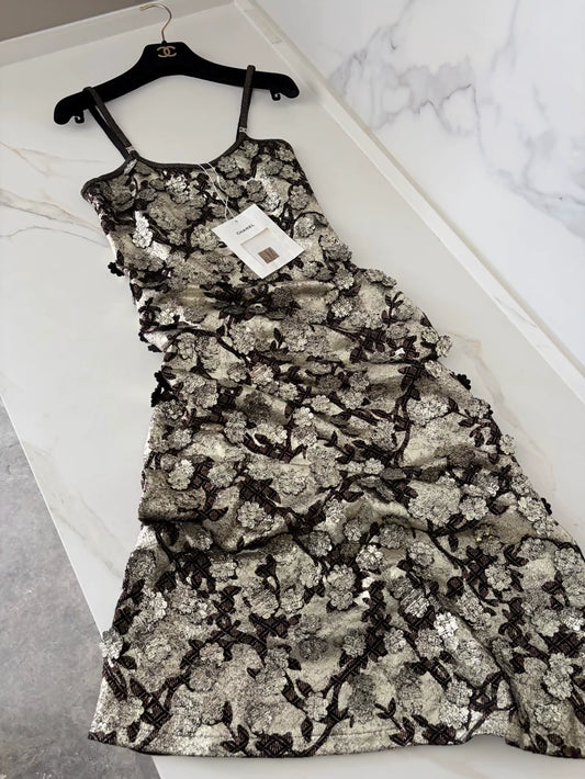 Chanel 25A Black Gold Camellia Embroidered Dress