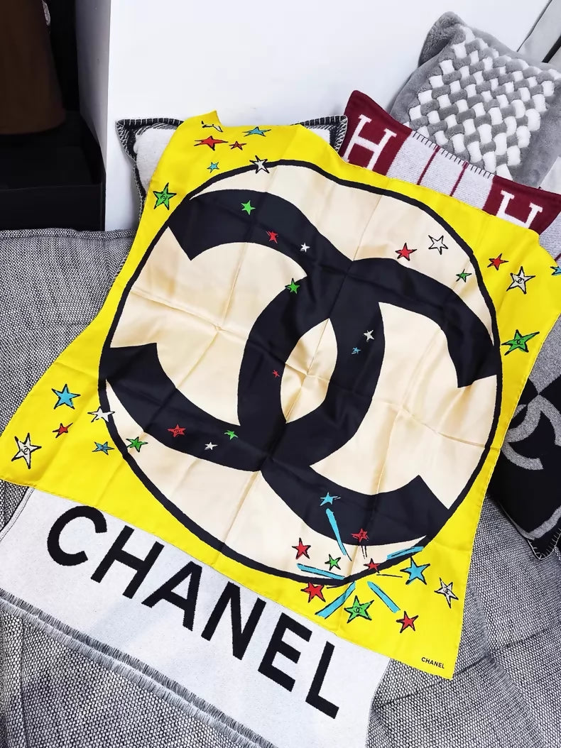Chanel 26A yellow and multi-coloured star and double C logo silk scarf