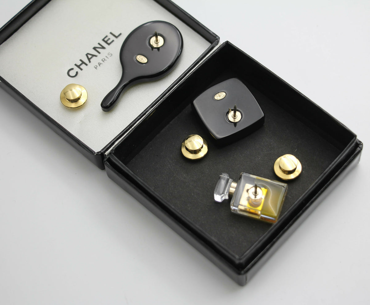 Chanel Vintage 04A Mirror Perfume Cosmetics Black Three Items Brooch