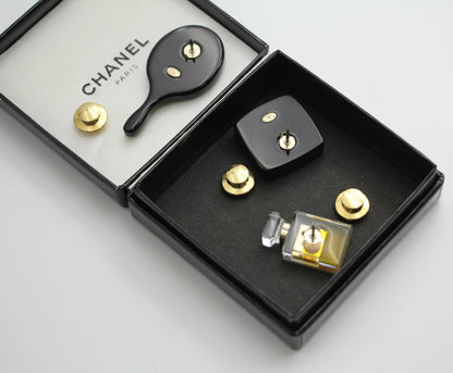 Chanel Vintage 04A Mirror Perfume Cosmetics Black Three Items Brooch