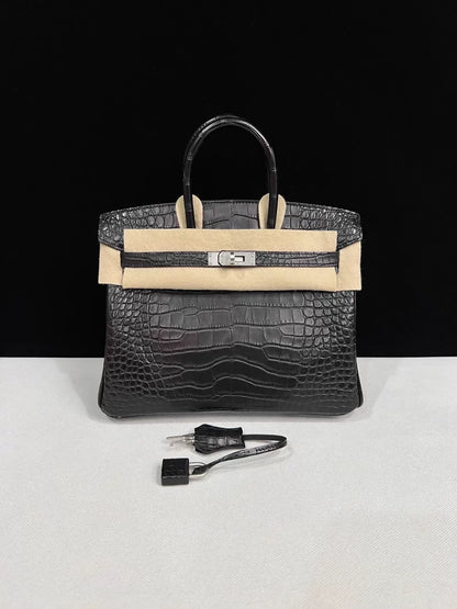 Hermes Birkin 25 black matte crocodile leather brushed palladium hardware