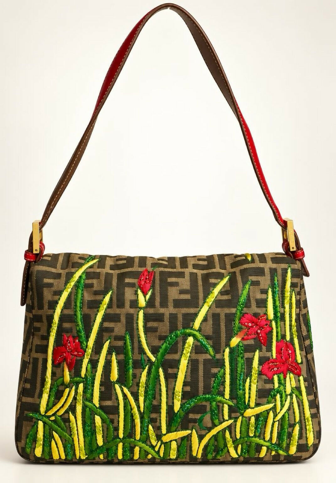 FENDI Garden Floral Embroidered Beaded Pony Hair Zucca FF Mamma Baguette Bag