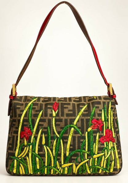 FENDI Garden Floral Embroidered Beaded Pony Hair Zucca FF Mamma Baguette Bag