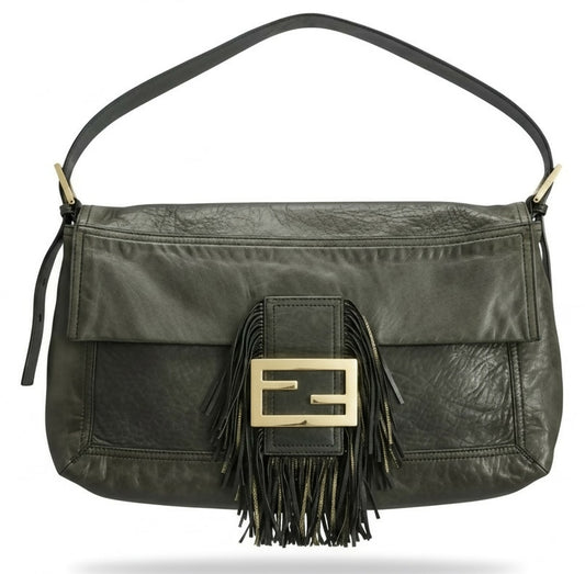 Vintage Fendi XL Black Gold Metallic Leather Wild Fringe Baguette Shoulder Crossbody Bag