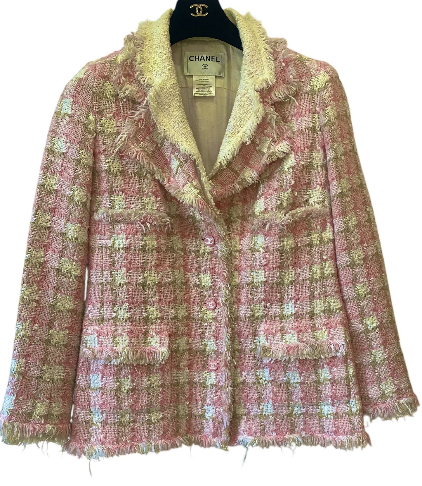 Chanel 04C Pink White Cream Fringe Tweed Checker Jacket FR 42