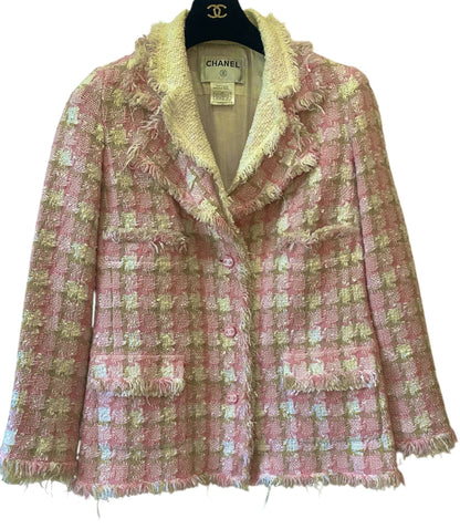 Chanel 04C Pink White Cream Fringe Tweed Checker Jacket FR 42