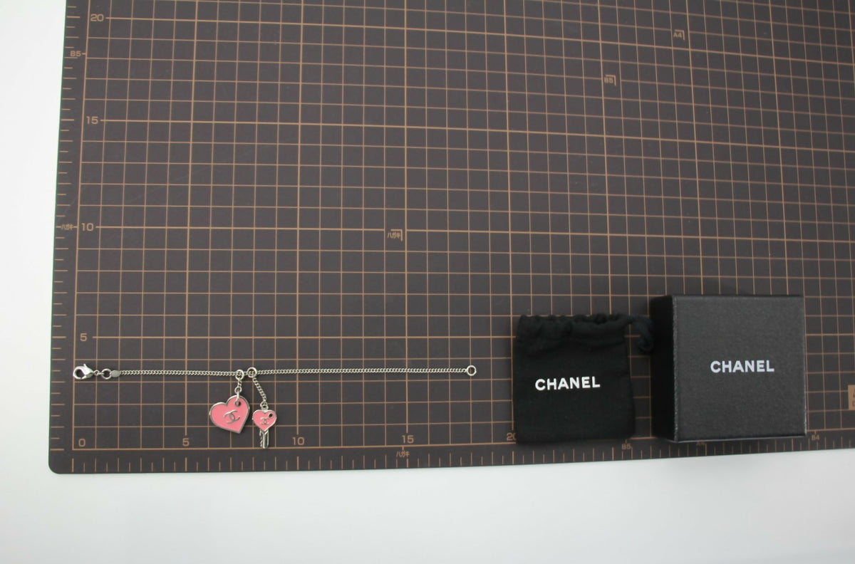 Chanel 07P Enamel Pink Heart Key Charm Silver Chain Bracelet