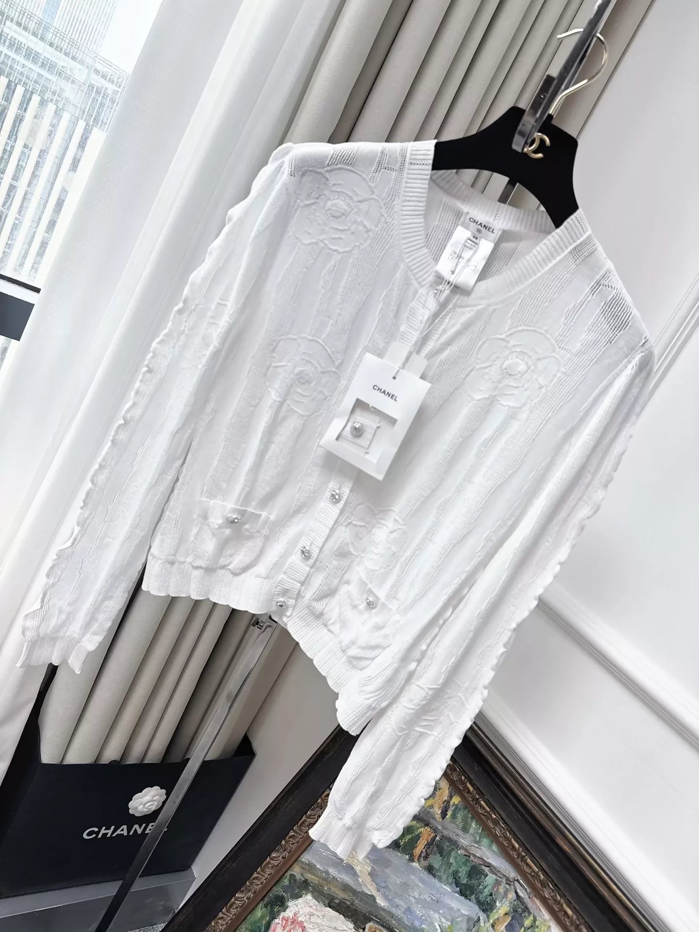 Chanel 23s white camellia knitted cardigan