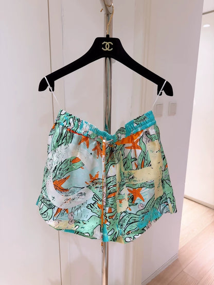 Chanel 26M Coco Beach Colorful Ocean Print Silk Shorts