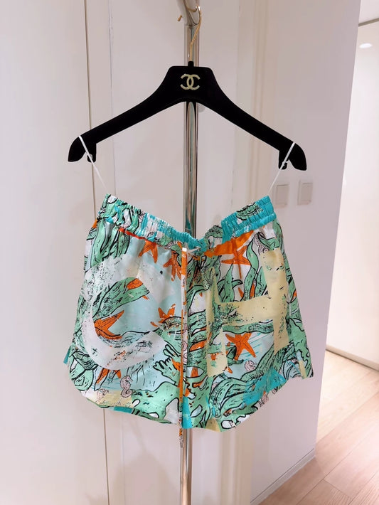 Chanel 26M Coco Beach Colorful Ocean Print Silk Shorts