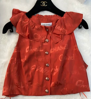 Chanel Red Lettering Ruffled Sleeveless Top