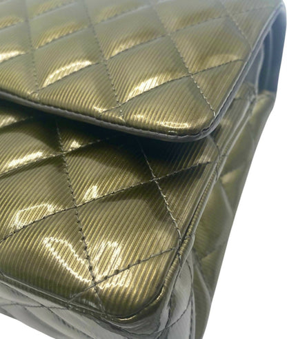 Chanel Medium Double Flap Green Straited Patent Leather Timeless Classic Bag SHW
