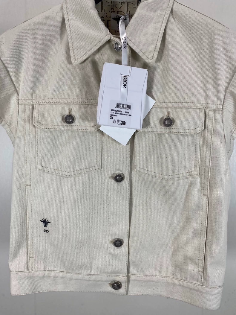 Dior Beige Distressed Denim Vest with All-over Print Lining
