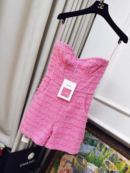Chanel 23C Pink Tweed Strapless Jumpsuit Shorts